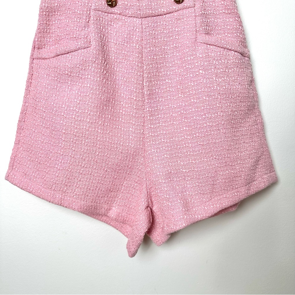 Baby Pink Cropped Tweed Short Sleeve Double Breasted High Rise Shorts Co-Ord Set - Picture 6 of 12